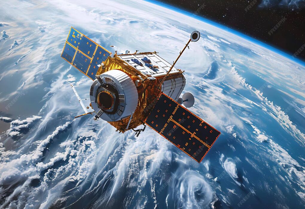 Satélite transmitiendo datos en órbita – Ciberseguridad