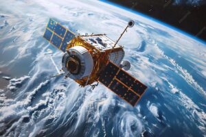 Satélite transmitiendo datos en órbita – Ciberseguridad